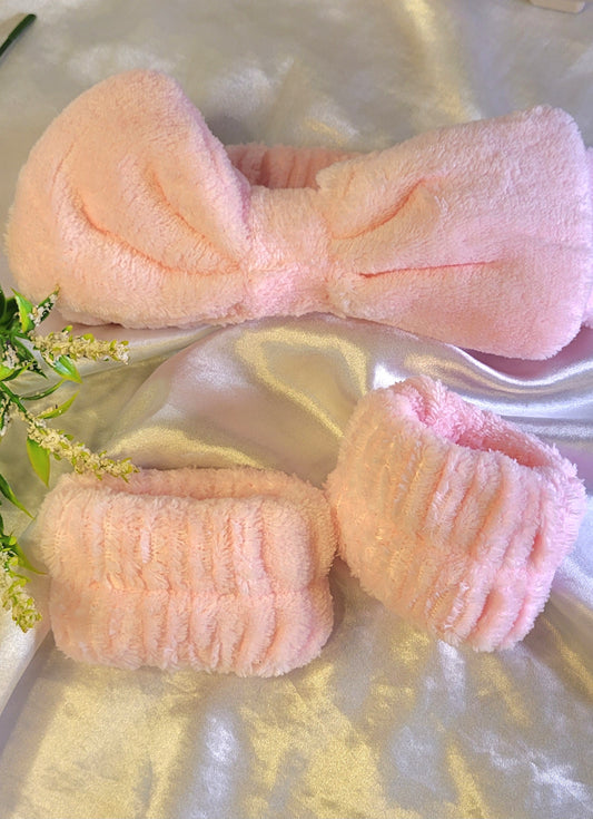 Vincha de skincare con muñequeras #Rosa